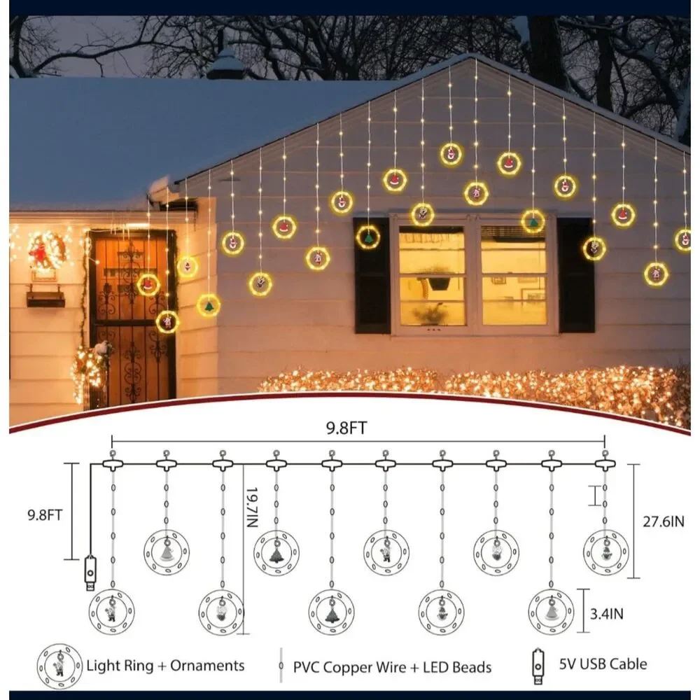 Window Lights Christmas Decor Ring Lights with Ornament LED Curtain Lights USB